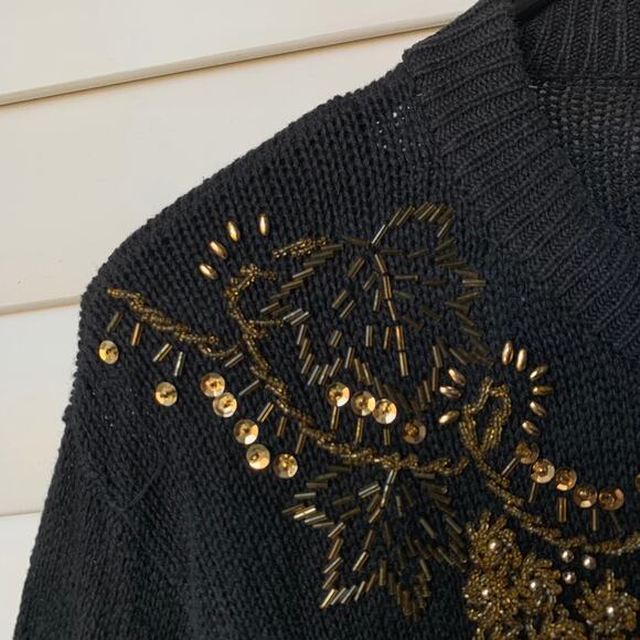 Vintage Gold Beaded and Sequin Black Cardigan Knit Sweater Women's Medium - Picture 5 of 11
